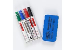 ANSIO Whiteboard Pens Pack of 4 – Fine Tip Dry Wipe Markers with Eraser, Coloured, Non-Permanent and Long Lasting, Wet erasable Set