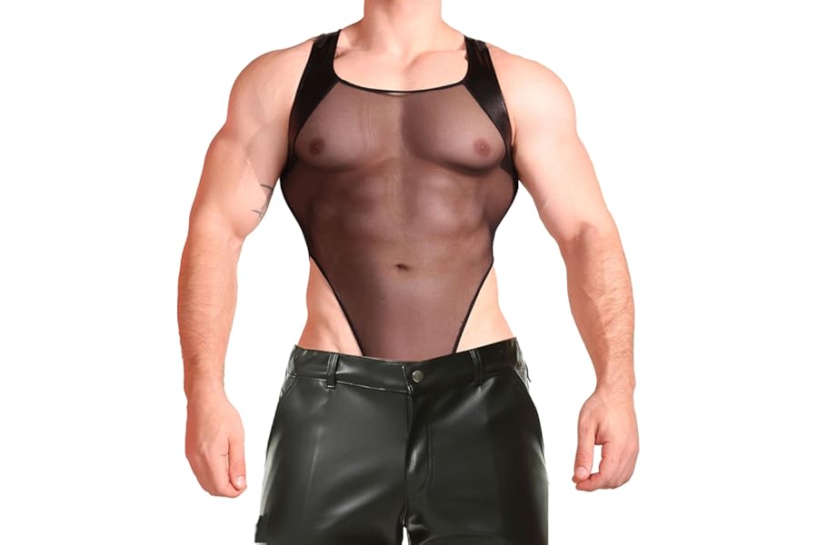 YOOBNG Mens Wrestling Singlet Metallic Bodysuit Mesh Leotards Slim Fit for Sport Gym Clubwear