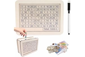 Y.A. LOTUS Tirelire avec Compteur pour 1000 Euros, marquage Amovible en Bois – Caisse à Monnaie réutilisable avec Cible à Cocher