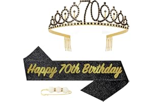 POPOYU Crystale Tiara Kit Écharpe 70 Ans - Couronne Diadème pour Femme, Décoration Anniversaire Cadeau (Or Noir)