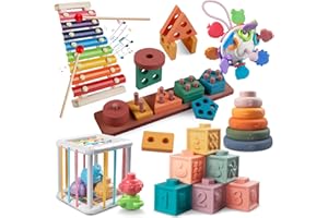 Tacopet 6 en 1 Jeux Montessori Bébé, Jeu Bebe 1 an Sensoriels, Jouet Cube d'Activité Bébé Instruments de Musique en Bois, Cadeau de Noël et d'anniversaire pour Enfants 1 2 3 an Garçons et Filles