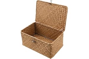 ESOES Cesta de almacenamiento de mimbre tejida de ratán con tapas, cestas de lavandería de hierba marina, organizador de maquillaje para baño, sala de estar, cocina (XL)