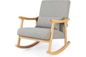 RELAX4LIFE Rocking Chair, Upholstered Relaxing Recliner Armchair with Soft Cushion & Lumbar Pillow, Leisure Rocker Lounge Chair for Living Room Bedroom (Natural+Grey,78x66x83cm)
