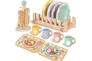 Charmofun Stoviglie Cucina Bambini in Legno, 30 Pezzi Accessori Cucina Bambini di Legno, Cucina Tea Party Regalo per Ragazze Ragazzi 4 5 6 7 8 anni