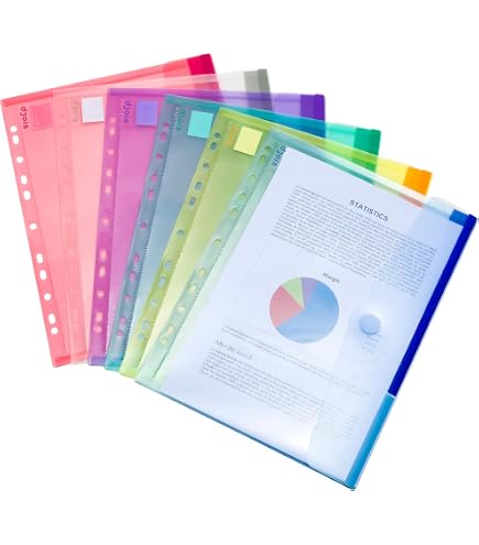 12 Pochettes A4 Perforées 6 Couleurs - Porte-Documents Extensibles Avec Bouton & Pochette Étiquette - Classeur