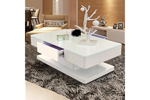 ‎TUKAILAI TUKAILAI Weiß Hochglanz Couchtisch mit 2 Schubladen und 8 mm Gehärtetem Glas, Kaffeetisch Wohnzimmertisch Stauraum für Büro, Wohnzimmer, Möbel, Empfang, , Wartebereich Tisch