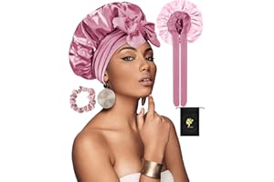 SUTIYO Satin Schlafhaube zum Schlafen, Doppelseitig Seidenhaube Zum Schlafen, Verstellbare Schlafmütze, Haarhaube für Locken, Silk Bonnet für Damen und Mädchen(Rosa/Hell-Rosa)