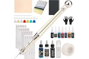 EIPTWH Kit de tatuaje Hand Poke Stick para Principiantes,20 Agujas,Juego de Tintas de Tatuaje de 7 Colores,Kit de Bricolaje con gel de Transferencia Jabón Azul, Tinta de Tatuaje Negro (plata)