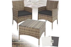 tectake® Poly Rattan Möbel Gartenset mit Wechselbezügen, 2 Stühle und Tisch mit Glasplatte, 2X Outdoor Lounge Sessel mit Armlehne und Gartentisch, Gartenmöbel Set, Balkonmöbel - Natur