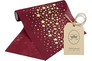 100%Mosel Vlies Tischläufer, in Bordeaux Rot, Sterne in Gold (20 cm x 5 m), dekoratives Tischband, edle Tischdeko für Weihnachten und Advent