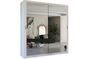 MN FURNITURE Modern Double Sliding Door Wardrobe 2 Mirrored Hanging Rails & Shelves Storage Cabinet for Bedroom (100cm, Houston White)