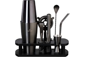 BARMINGO Boston Shaker Cocktail Kit | 11 Pièces, Volume de 825 ML, Noir Métallisé | Shaker Cocktail INOX avec Support et Accessoires de Bar |Set Barman Cocktail Shaker |Kit Cocktail Professionnel