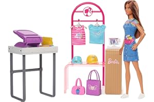Barbie Boutique Diseña y Vende Muñeca Morena con Tienda de Ropa Personalizable y Accesorios, Juguete +3 años (Mattel HKT78)