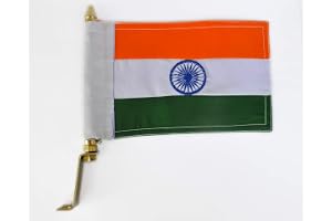 Indian (National) Metal Embroidered Flag With Golden Metal Rod for Car Dashboard and Bonnet