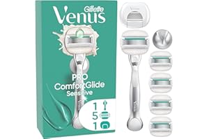 Gillette Venus Pro ComfortGlide Sensitive Rasoio Da Donna Con Un Tocco Di Aloe, 5 Lamette Di Ricambio, Manico In Metallo Riutilizzabile, Gancio Per Doccia E Copertura Da Viaggio Pezzi