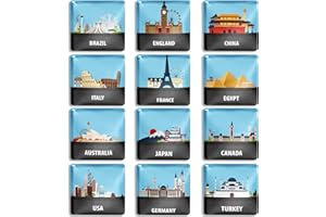 Berkin Arts Set di 12 Calamite da Frigo 3D Simpatici Decorativo Magneti per Frigorifero Durevoli Quadrato Set di luoghi di viaggio Vacanze e viaggi Punti di riferimento nazionali per ufficio