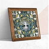 Pinecone Hayat Ağacı Taş Duvar Tablosu - Ahşap &Ccedil;er&ccedil;eveli Taş Tablo - 25x25 cm - Dekoratif Duvar Sanatı - Modern Ev ve Ofis Du