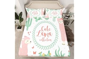 LOUSSIESD Set di lenzuola per letto con lama di cactus Llama in alpaca per bambini, ragazzi, ragazze, carino, biancheria da letto per animali e ragazze, lenzuolo con angoli, set di lenzuola botaniche