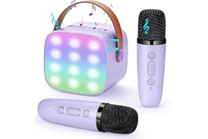 Duemste Karaoke Machine Kids with 2 Wireless Microphone,Portable Karaoke Machine with Bluetooth with LED Light and Pink Sticker for Boys Girls Families Birthday Party,Purple