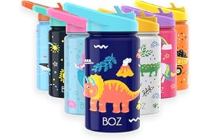 BOZ Kids Water Bottle for School with Straw Lid, Stainless Steel Insulated Water Bottle for Kids, Toddler Water Bottle, Leak Proof Water Bottle for Kids and Toddlers - 414 ml (Dinosaur)