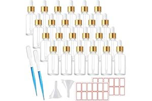 TUAKIMCE 24 x 30ml Glass Dropper Bottles with Pipettes, Refillable Sample Bottles with Funnel and Label for Essential Oil Blending, Perfumery (Transparent)