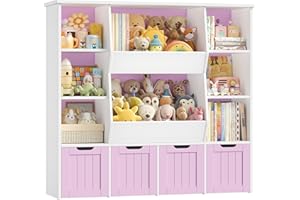 FOREHILL Libreria Montessoriana per Bambini, Porta Giochi Bambini a 4 Cassetti su Ruote, Scaffale Portagiochi a 8 Scomparti Aperti, per Cameretta Bambino, Sala Giochi, 124.5x35x118 cm (Bianco)