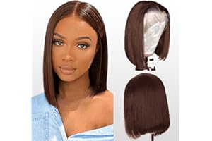 WENYAN Perruque Femme Naturelle Brésilien 13x4 Lace Frontal Bob Wig Human Hair Perruque Cheveux Humain Straight Perruque Lace Wig Brun Chocolat Couleur Naturelle 150% Density (14 pouces)