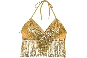 SamHeng Bauchtanz Crop Top, Damen Pailletten Perlen Halter BH, Fransen Quaste Bandage Tank Strappy Backless Tube für Bauchtanz, Latin Dance, Party Club Kostüm