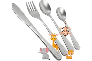 NIROSTA Conjunto de Cubertería Safari para Niños 4 Piezas - Kit con Diseños de Animales - Incluye Cucharas, Cuchillo y Tenedor - Ideal para Niños Desde 3 Años