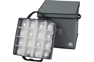 Christmas Village 64 Bauble Storage Bag with Adjustable Dividers, Removable Lid – 600D Fabric Premium Bag for Xmas Tree Decors Organisers, Festive Ball Holder & Carry Handles (Grey, w/Pull Out Trays)