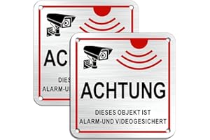 ‎GOODVIA Goodvia Achtung Dieses Objekt ist Alarm und Videogesichert 10x10cm Alu, Schild Videoüberwachung Klein mit Selbstklebend und 4 vorgebohrten Löchern x2