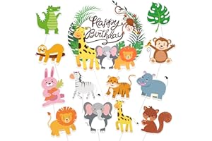 DPKOW 37pcs Selva Animales Decoración para Tartas de Cumpleaños De Niño Chico, Safari Animales Cake Topper para Tartas Adornos de Niño Chico Fiesta, Feliz Cumpleaños Decoraciones para Pastel Tartas