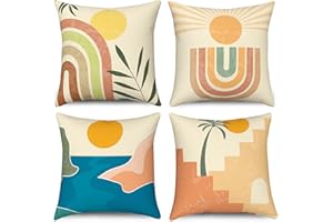 Funda de Cojín Boho 40x40 Juego de 4, Hnmdmyi Mid Century Abstracto Hoja Sol Arco Iris Cojín Decorativo Cubiertas Arte Estético Geométrico Moderno Funda de Cojín de Lino Para Sofá Decoración del Hogar