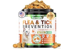 CARMELIE Flea and Tick Chewables for Cats, 500 Crunchy & Creamy Chews, Cat Flea Chews with Natural Oral Flea Supplement Cats, Skin & Coat Support - All Breeds & Ages - Chicken and Krill Flavor
