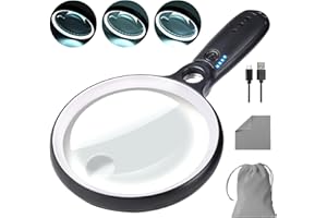 ‎GABORISH GABORISH Lupe mit Licht USB Aufladbar, 10X 20X 45X Vergrößerungsglas, 37 LED Beleuchtete Handlupe mit 3 Lichtmodi, Leselupe mit Licht für Senioren Groß (Weiß & Schwarz)