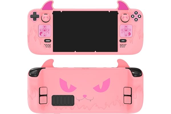 PlayVital Coque pour Steam Deck OLED/Steam Deck Cover avec Caouchon Joystick & Boutons & Trackpads Stickers,Antichoc Antidérapant Anti-Collision Grip Case Silicone-Rose,Cute Demon