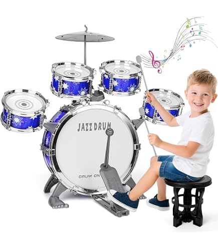 Garvee Kit Batterie Junior 5 Pièces – Complet Avec Fûts, Cymbales, Tabouret, Baguettes – Pour Débutants, Jaune