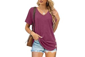 Aokosor Womens V Neck T Shirts Ladies Tops Side Buttons Solid Color Casual Summer Tee Shirt