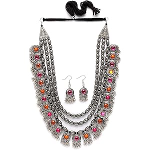 Shining Diva Fashion Latest Stylish Fancy Oxidised Silver Tribal Necklace Jewellery Set for Women (12164s), Multicolour, One