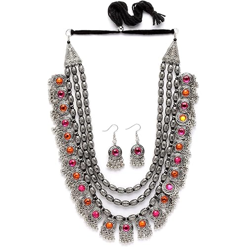 Shining Diva Fashion Latest Stylish Fancy Oxidised Silver Tribal Necklace Jewellery Set for Women (12164s), Multicolour, One