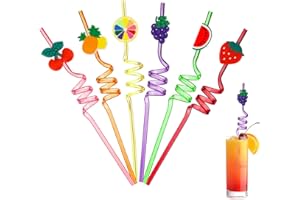 Ulife Mall 6pcs Pailles Fruits, Pailles en Plastique Rigide Bouclées Pailles à Boire Réutilisables pour Enfants Pailles Spirales pour Fournitures de Fête d'anniversaire, Décoration Table Fête