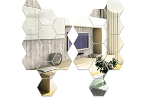 Frevoitna 24 Piezas Espejo Adhesivo Hexagonal, Espejos Adhesivos de Pared de Acrílico Plata 126×110×63mm, Pegatinas de Pared Espejo para Decoración del Hogar, Sala de Estar, Baño,Dormitorio