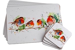 LP Set Of 4 Winter White Robin Christmas Dinner Place Mats And Coasters