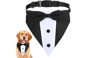 TEAAHA Adjustable Formal Dog Tuxedo Outfit Bandana Collar with Bow Tie, Black Dog Suit Costume for Wedding, Engagement, And Birthday (Large: Neck 15”-25”)