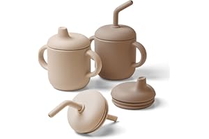 Navik | bicchiere bambino di silicone | bicchiere neonato 6 mesi | bicchiere con cannuccia | tazza bambini con due manici | Marrone e beige