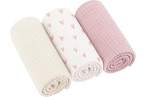 ‎BEARMOSS Bearmoss Moltontücher Baby 100% Baumwolle Weiche Spucktücher Baby,Atmungsaktiv und Extrem Saugfähig Musselin Tuch für Saugstark Mulltücher 3er 60x60cm(Rosa Herz)