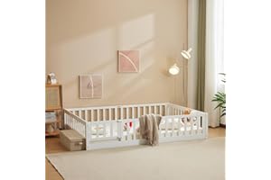 LEADZM Montessori Lit d'enfant Lit au Sol 90x190 cm - Bois Massif avec Porte et Barrière Sécurisée - 12 Lattes Renforcées, Garde-Corps Intégré - pour Enfants et Bébés (Blanc)