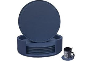 RICHSUM Coasters Set of 6 Soft Leather Drink Coaster Round Coaster with Sewing Around, Suitable for Various Cups, Wooden Tables,Home Decoration,4 Inches(Dark Blue)