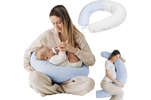 FLORA FURORA Almohada Embarazada Dormir Azul Claro + Segunda Funda de Almohada Gris | Cojin Lactancia: Soporte/Apoyo multiusos de maternidad para espalda, vientre| Cojín Lactancia suave bebe y mujeres embarazadas