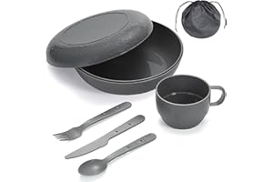Berglander Kit da campeggio con ciotola, piatto, tazza, cucchiaio, forchetta, coltello borsa per il trasporto, attrezzatura da viaggio in campeggio per viaggi, facile da trasportare e pulire (Grigio)